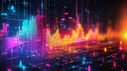 Abstract Digital Data Visualization with Glowing Lines and Bars