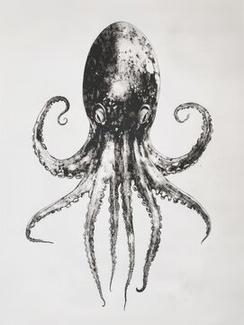 recommend clip art: Line art illustration of a squid print created with black ink using the gyotaku technique set against a white paper background