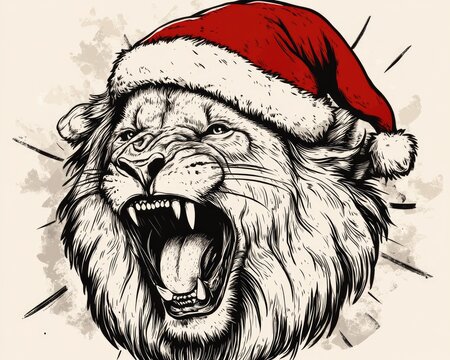 recommend clip art: Line art illustration depicting a hand drawn roaring lion adorned with a Santa hat