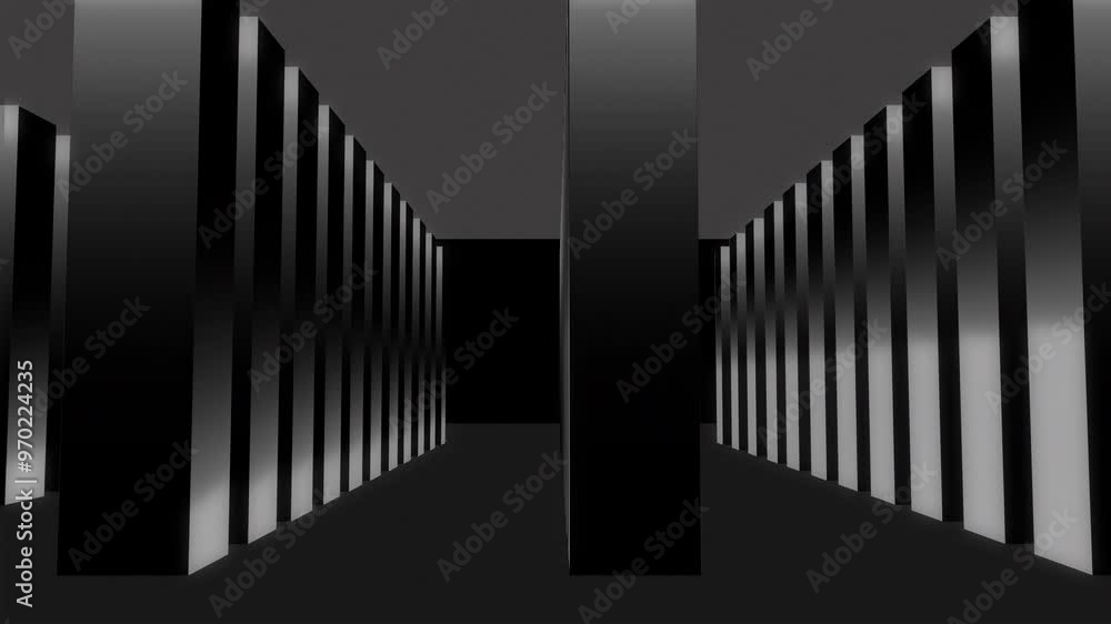 Poster Server room, walkthrough and storage for data for innovation, information sharing and networking. Illustration, connectivity and towers on black background for cybersecurity, AI development and tech