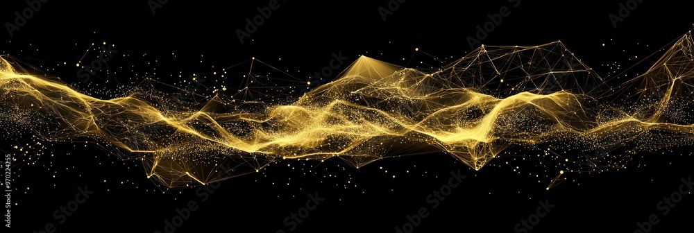 Poster golden particles softly glow and intertwine, forming an intricate web of geometric patterns in a dar