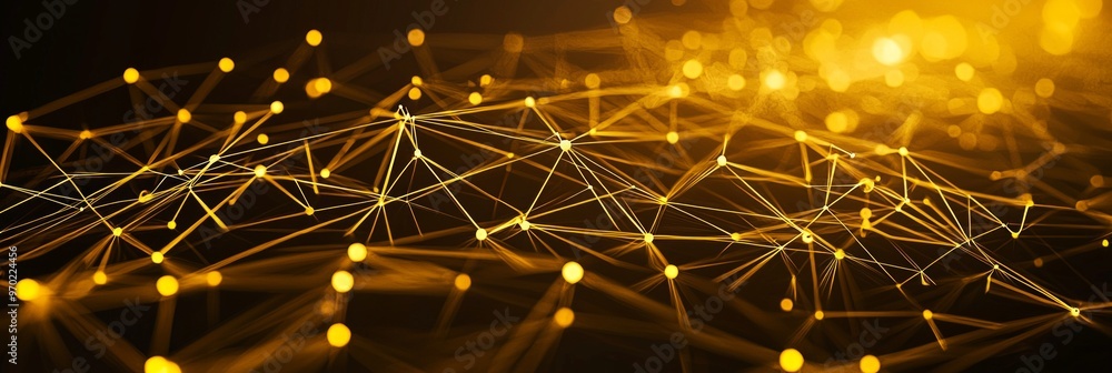 Poster an intricate formation of yellow particles intertwines with luminous lines against a dark background
