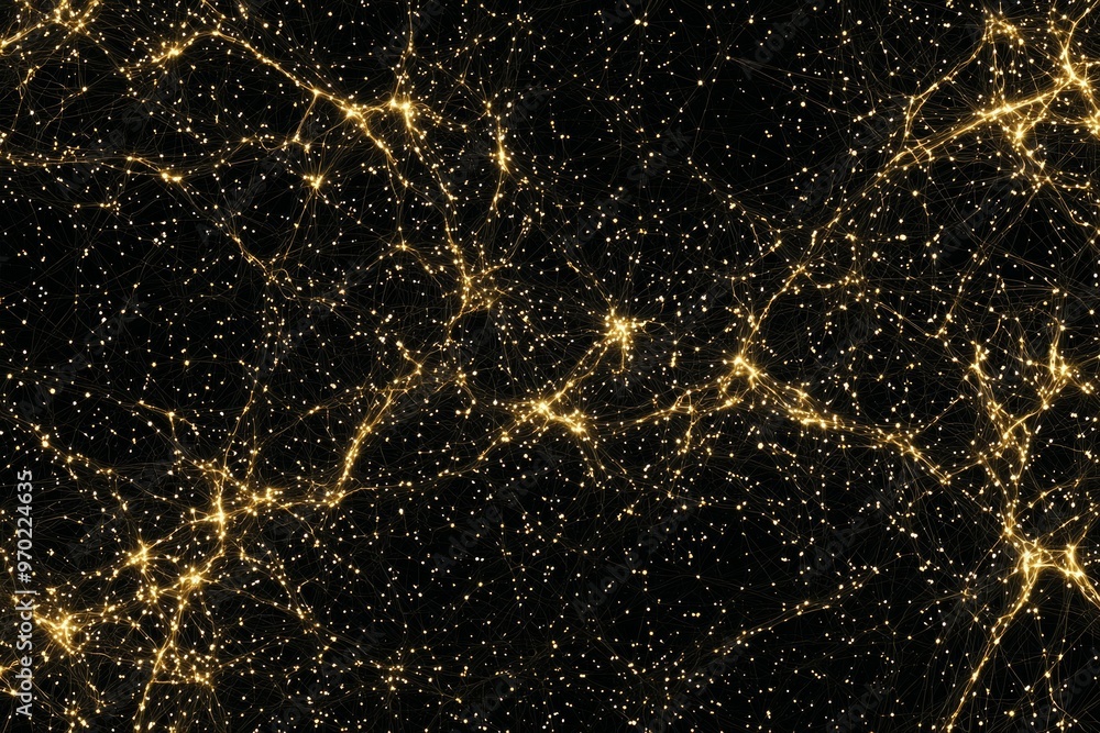 Aufkleber delicate yellow particles are scattered across a deep black background, linked by luminous lines tha