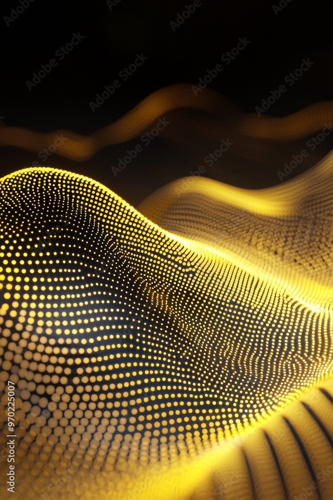 Poster a dynamic composition unfolds with yellow particles swirling in elegant waves against a dark backdro