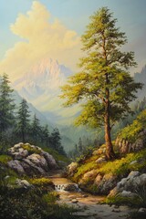 Obraz premium Oil painting depicting a serene early morning scene in a mountainous landscape