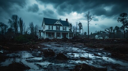 A house barely standing after a powerful storm, its roof caved in by fallen trees, debris scattered across a muddy yard, under a dark, ominous sky