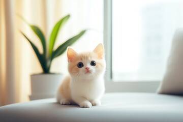 A cute, fluffy kitten sitting on a soft surface, with bright eyes and a playful expression, bathed in natural light.