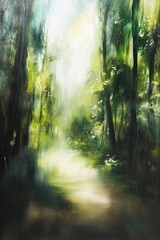 Fototapeta premium Abstract oil painting depicting a blurred forest landscape with dense foliage