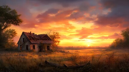 A house crushed by fallen trees, surrounded by nature reclaiming it, vibrant sunset glow, wild plants growing through debris, fantasy realism, watercolor