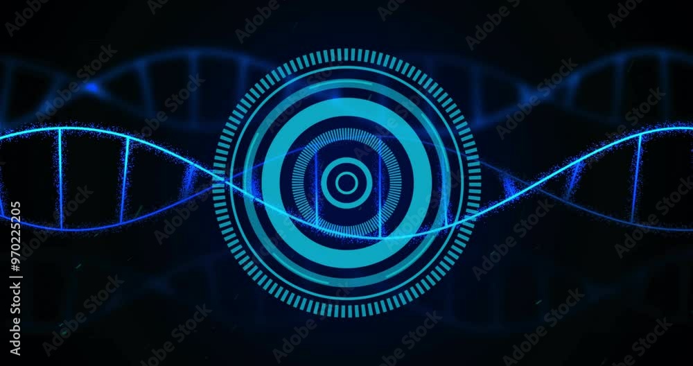 Poster animation of dna strand and digital data processing over black background