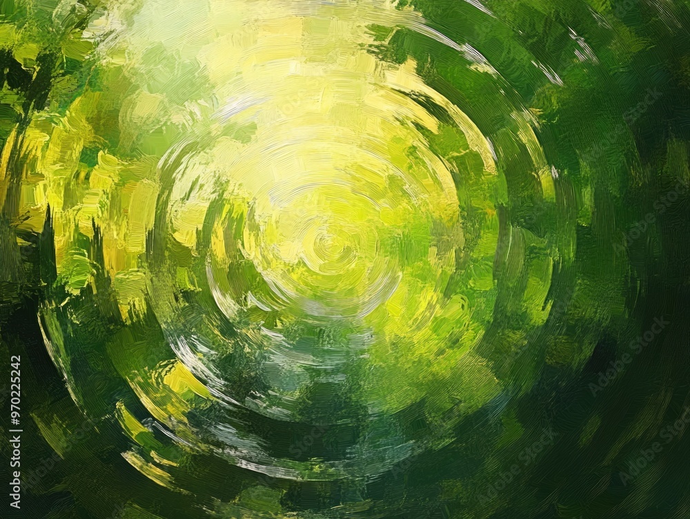 Poster abstract circular green bokeh background in an oil painting style featuring vibrant circular pattern
