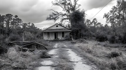 Obraz premium A lone house in ruins, crushed under nature's force, with overgrown weeds taking over, the driveway blocked by decaying trees