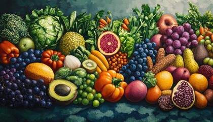 Oil painting showcasing a diverse selection of healthy foods and nutritional options