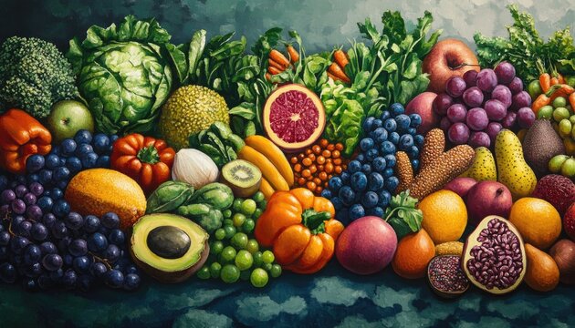 Oil painting showcasing a diverse selection of healthy foods and nutritional options