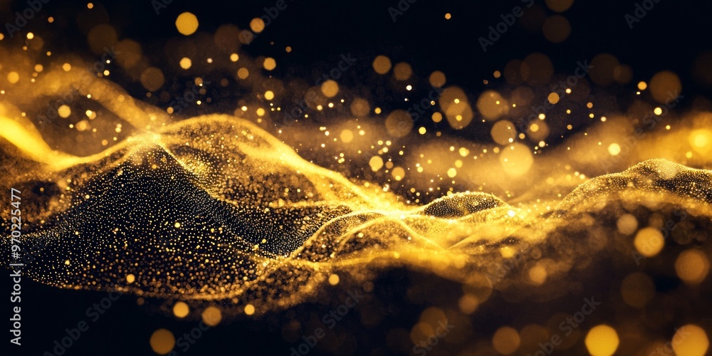 Poster a mesmerizing display of yellow particles gathers and flows like waves, softly illuminating the dark