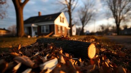 A once-sturdy house now damaged, partially collapsed under the weight of fallen trees, rubble and debris scattered, creating a scene of devastation