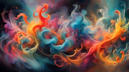 Fototapeta premium Abstract swirling colorful smoke on a black background.