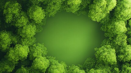  Aerial view of dense green forest with a central clearing, creating a natural frame. Nature landscape concept for eco-friendly travel, conservation, and environmental-themed marketing materials