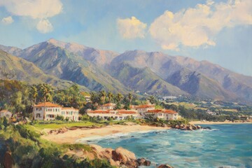 Oil painting depicting a coastal landscape featuring mountains in the background and a nearby hotel area
