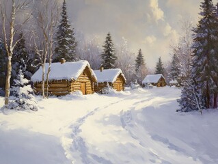 Oil painting of log cabins enveloped in snow nestled among trees in a serene winter landscape