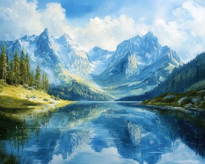 Oil painting depicting a mountain landscape with reflections in water featuring majestic peaks and serene surroundings in a beautiful alpine region