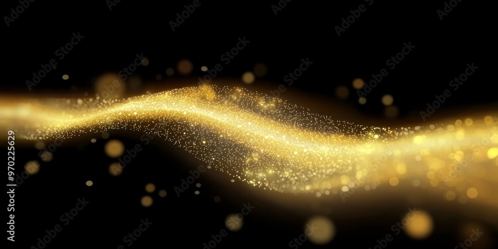 Poster gentle clusters of yellow particles gather into a flowing wave, emitting a soft glow against the bla