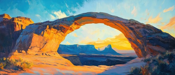Oil painting depicting a natural arch at sunrise in a canyon landscape