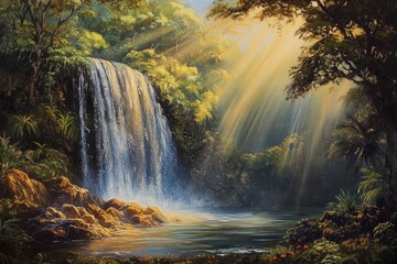 Oil painting depicting a serene waterfall surrounded by lush natural scenery