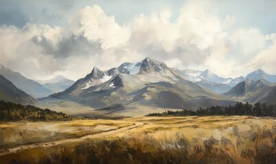 Fototapeta premium Oil painting depicting a mountain range in a western style