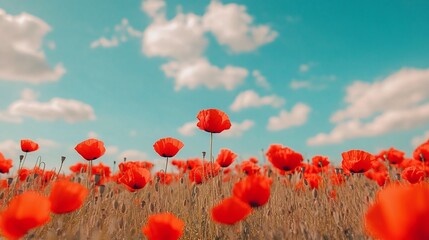 Naklejka premium Close-up of vibrant red poppy flowers against a blue sky with white clouds in a sunny field. Nature landscape concept for summer travel, nature-themed advertising, and flower field marketing materials