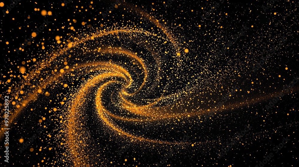 Poster glowing yellow particles dance and swirl in a captivating spiral, varying in size against a stark bl