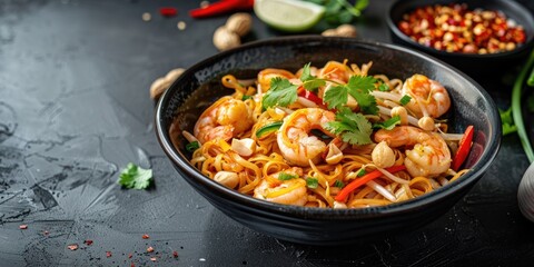 Shrimp and peanut Pad Thai noodles topped with scrambled eggs, bean sprouts, and fresh vegetables served in a black bowl on a dark surface, captured from a vertical perspective with space for text.