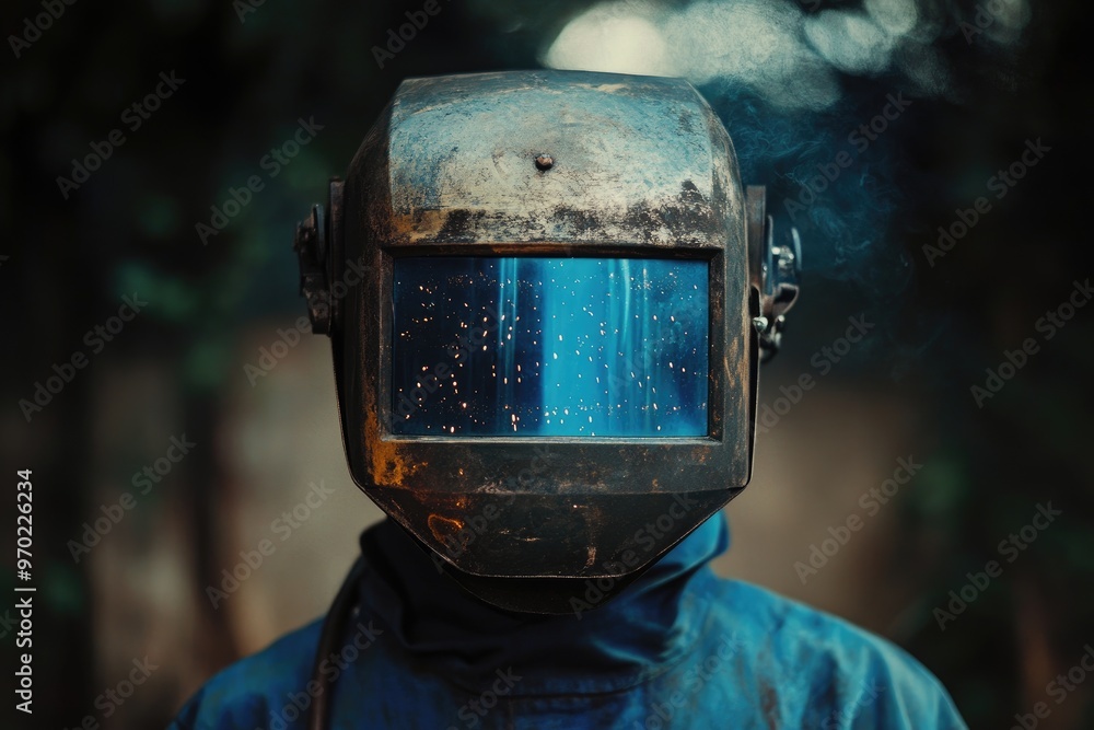 Canvas Prints A Welder's Mask With Sparks Reflected In The Lens