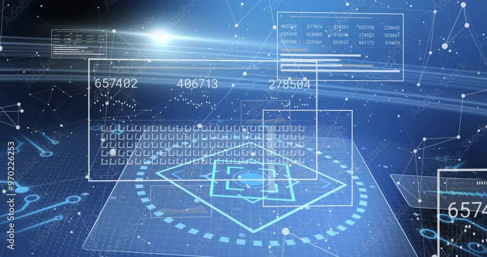 Poster animation of digital data processing with circuit board over black background