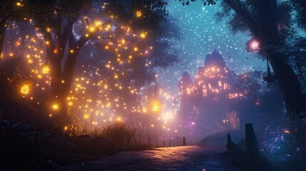 Fototapeta premium A magical forest scene illuminated by glowing lights, evoking a dreamlike atmosphere of enchantment and tranquility.