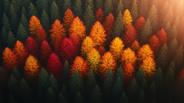 Aerial view of a vibrant autumn forest with trees in shades of red, orange, and yellow, perfect for seasonal banners, nature ads, and travel promotions with vibrant colors and space for text.