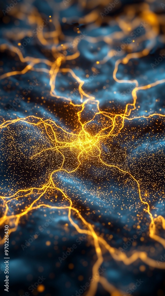 Poster yellow particles form a mesmerizing vortex, radiating intense light from the center, creating a capt