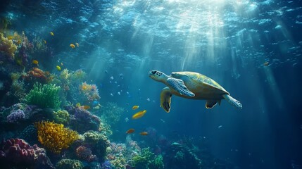 Fototapeta premium 光の差し込む海を泳ぐウミガメ
