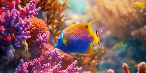 Queen Angelfish Swimming Above Coral