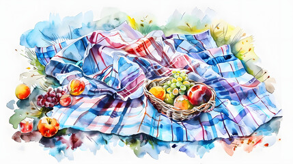 Fototapeta premium Blanket picnic elements Watercolor Painting Style