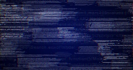 Cybersecurity, data transfer and futuristic server code for AI testing on dark background. Programming, technology and metaverse with hacking, network and algorithm with overlay or digital 3D render