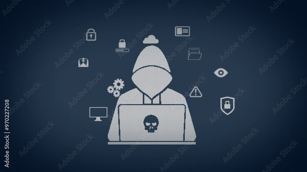 Poster Animation, hacking and data protection for firewall breach or access in cybersecurity. Software engineer, technology and computer programming with future, dark web and ai training on digital network
