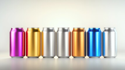 A row of six cans of soda, each with a different color