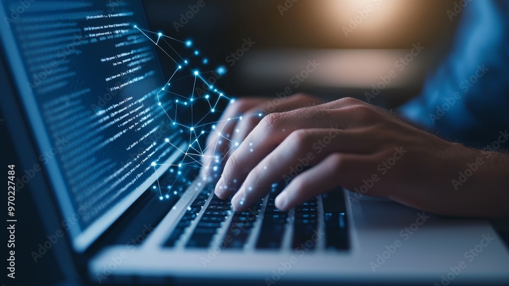 Poster a person is typing on a laptop with a blue screen that has a complex code on it