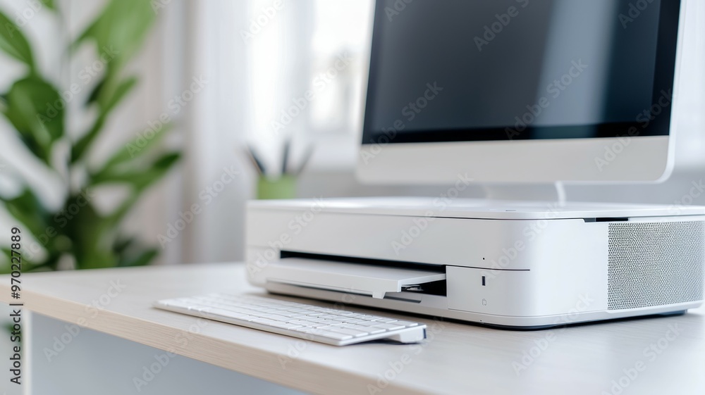 Poster a white computer monitor sits on a desk next to a keyboard