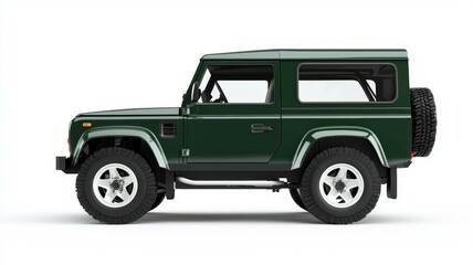 A green Jeep is parked on a white background