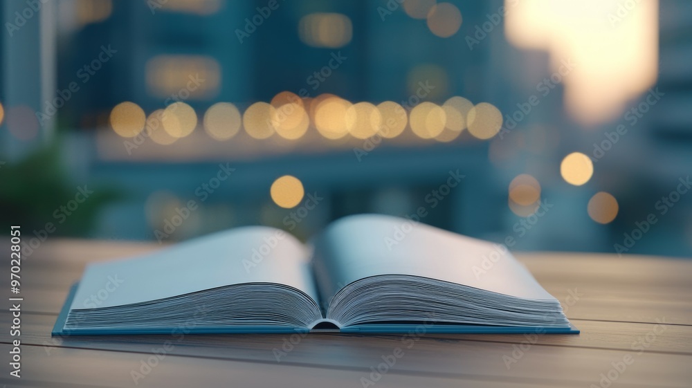 Poster a book is open on a table with a city skyline in the background