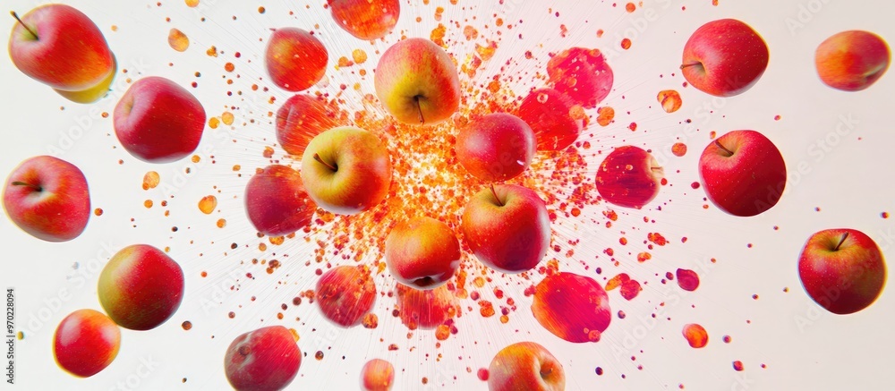 Poster vibrant apple explosion in a spherical formation circular array created by scattered apple elements 