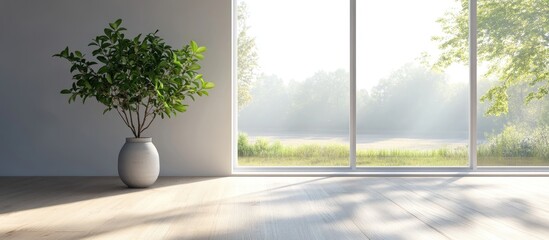Concept of a minimalist Scandinavian interior featuring a plant in a vase on wooden flooring large walls and a bright landscape visible through the window 3D rendering of Nordic design