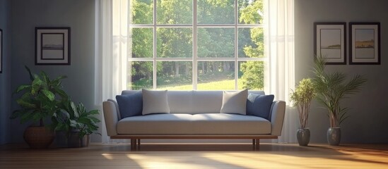 Modern Scandinavian living room design featuring a sofa decorative vases on a wooden floor wall frames and a bright landscape view through a window 3D illustration of a cozy home interior